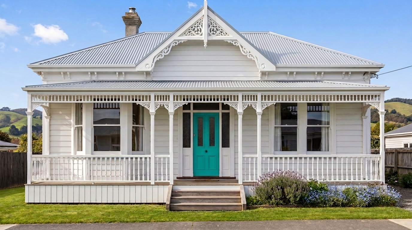 Heritage New Zealand weatherboard cottage with ornate Victorian gable, teal front door, and cottage garden